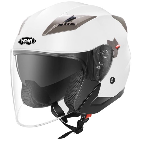 Casque de Moto à Visière Ouverte Approuvé à Pois - YEMA Helmet YM-627 Moto Cyclomoteur Jet Bobber Pilote chopper 34 Demi-Casque avec Visière Solaire pour Hommes Femmes - Blanc, Moyen