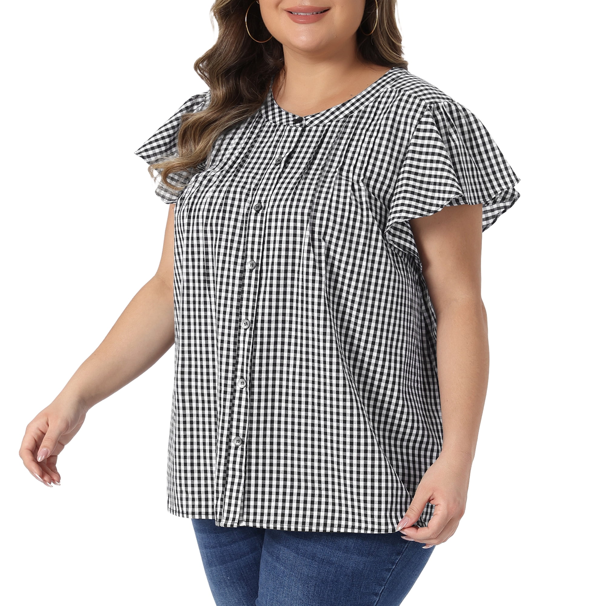 DARING DIVA Women's Plus Button Down Round Neck Ruffle Sleeve Plaid Tops 3X Black
