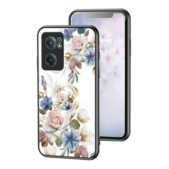 Nalacover for OnePlus Nord CE2 5G Slim Case,Exquisite Floral Pattern 360 Rotating Diamond Ring Holder Anti-Scratch Soft TPU Silicone Bumper Rubber Tempered Glass Back Cover.White