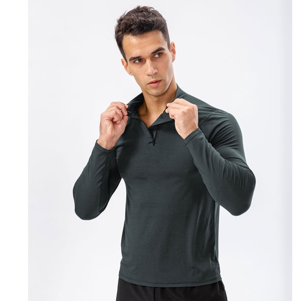 pstuiky Camisas para hombre de manga larga, Sudadera deportiva de manga larga para hombre, con capucha, ajustada, con media cremallera y secado rápido para entrenamiento y running l