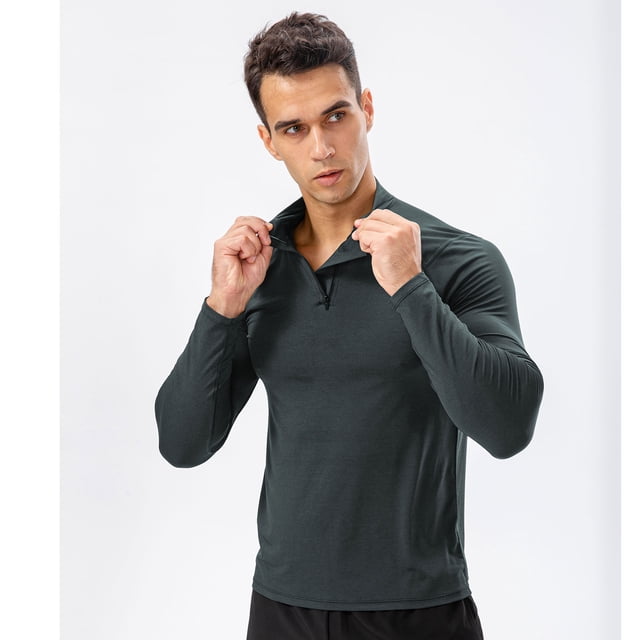 pstuiky Camisas para hombre de manga larga, Sudadera deportiva de manga larga para hombre, con capucha, ajustada, con media cremallera y secado rápido para entrenamiento y running l