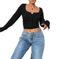 thumbnail image 3 of Cárdigan Corto de Punto Acanalado con Botones y Larga para Mujer, Estilo Y2K, Ajustado, con Cuello Redondo, Camiseta de Otoño Negro L, 3 of 10