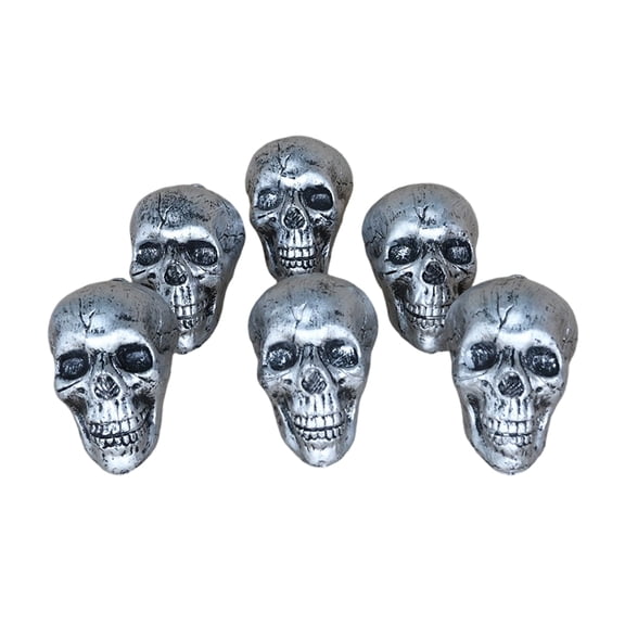 6 Pack, Silver Halloween Skull Decor 6 Inch, Spooky Skeleton Ornaments, Haunted House Props, Creepy Indoor Outdoor Party Decorations for Graveyard and Table Display