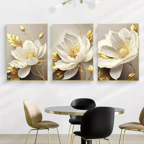 Hieng Canvas Poster Golden Plant White Flower Painting for Living Room Kitchen Wall Art Modern Home Decor Pictures Unframed