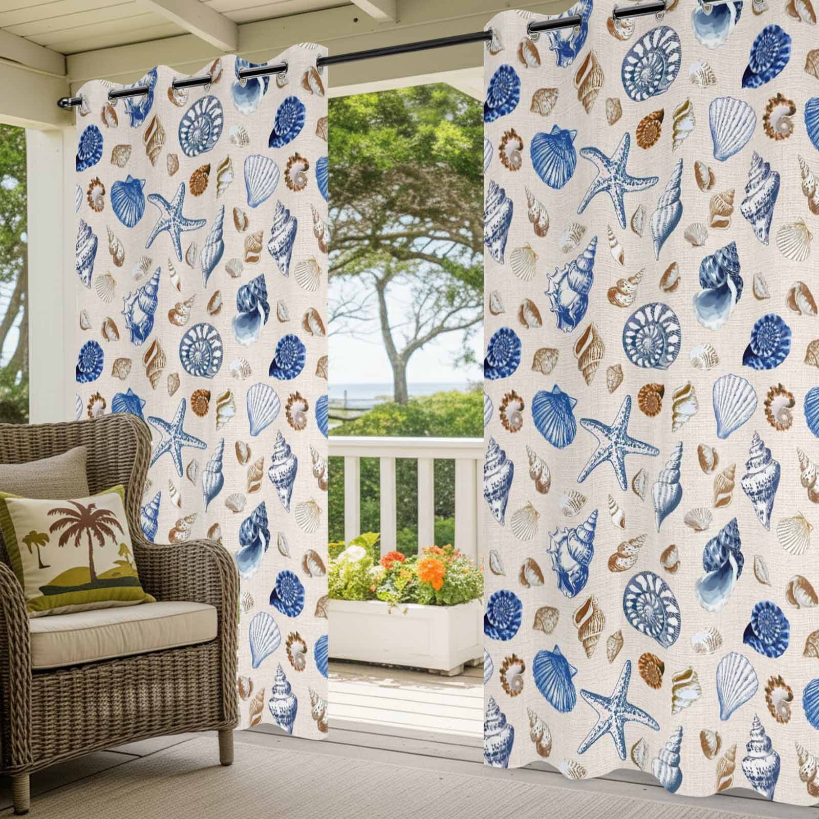 Summer Marine Life Outdoor Curtains for Patio, Watercolor Conch Starfish Ocean Shells Vintage Sunshade Privacy Drapes Grommet Waterproof Outside Curtains for Porch/Cabana/Balcony 54"x 108", 1 Panel