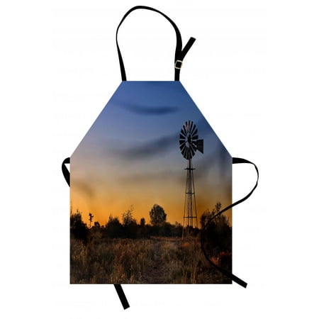 Kalahari Outdoor Windmill Apron Sunset in Kalahari Peaceful Outdoors Agriculture Rural Nature Image, Unisex Kitchen Bib Apron with Adjustable Neck for Cooking Baking Gardening, Blue Brown and Marigold, by Ambesonne ()