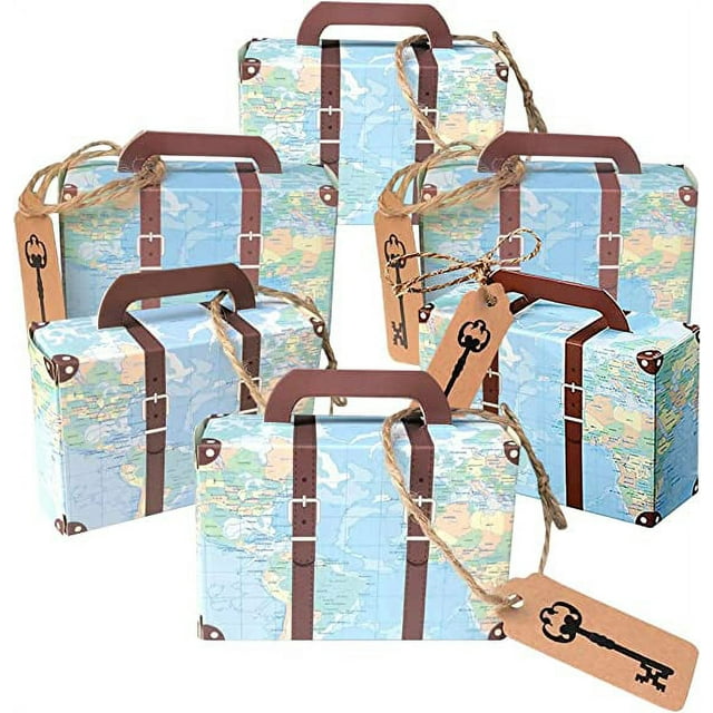 Xiao Hua Cajas de dulces tipo maleta, caja de dulces para fiestas, bolsa de regalo de papel kraft vintage para fiestas temáticas de viaje, bodas, cumpleaños, despedidas de soltera (100 unidades)
