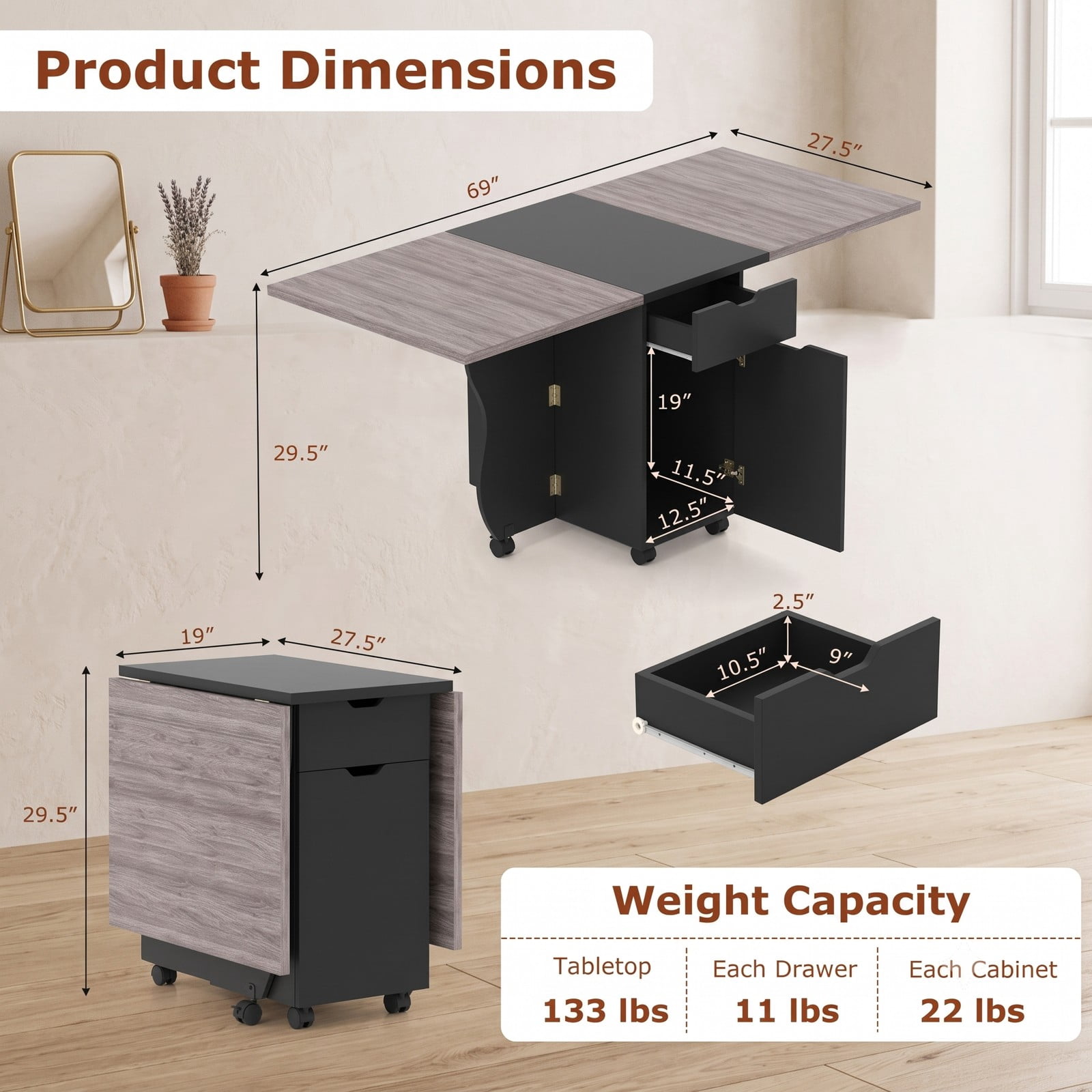 Furnibear 3-in-1 Folding Dining Table, Space-Saving Drop Leaf Kitchen Table with Storage Drawers, Cabinet & 6 Lockable Wheels for Small Spaces, Black