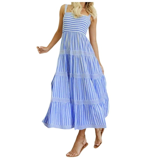 Women's Retro Plaid Smocked Dress Spaghetti Strap Flounce Long Dress