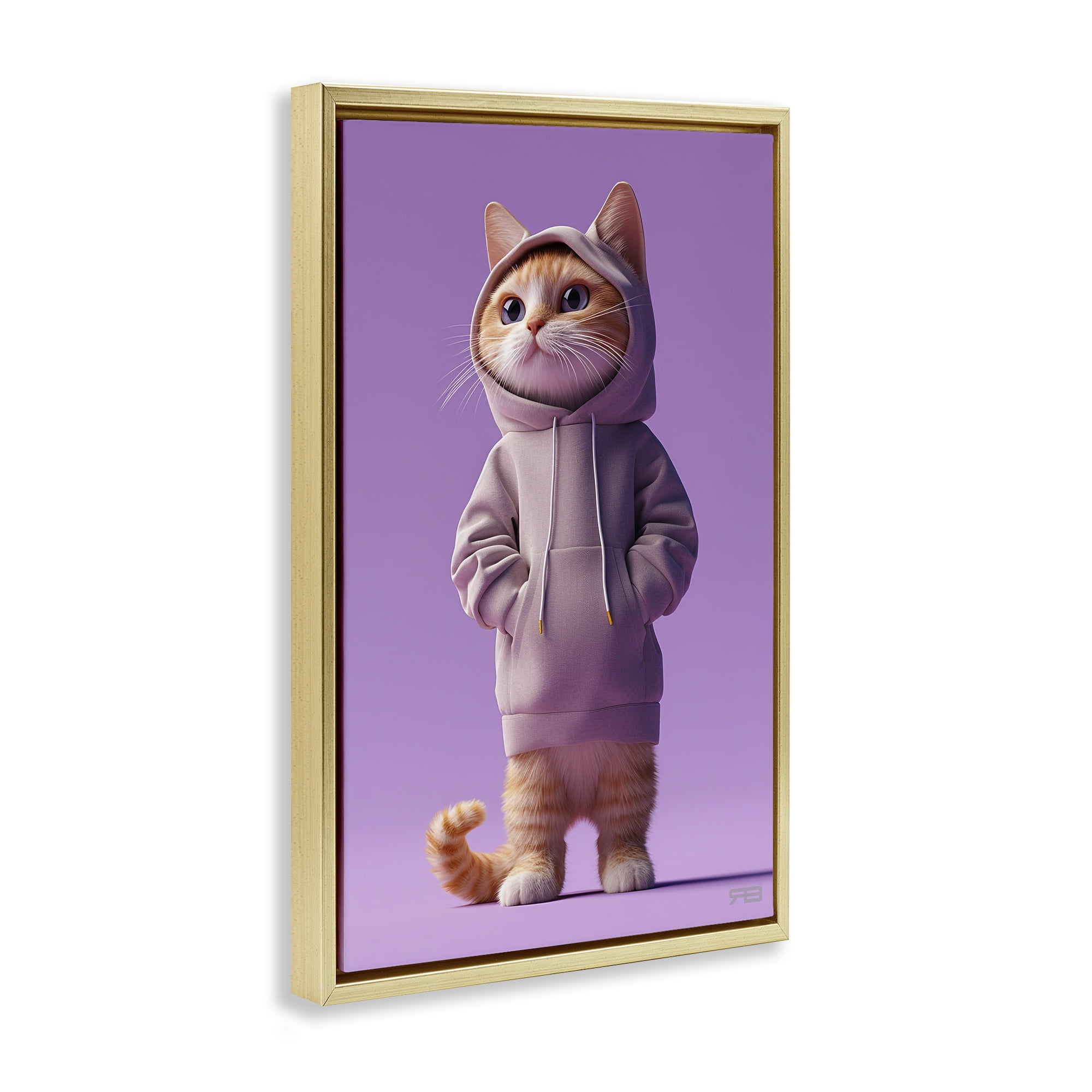 Stupell Industries Trendy Cat in Purple Animals & Insects Painting Gold Floater Framed Canvas Art Print Wall Art, 17 x 25