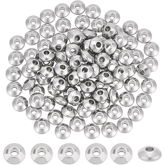 100Pcs Stainless Steel Spacer Beads 6mm Flat Round Beads Saucer Beads Loose Beads Rondelle Beads Smooth Beads Metal Beads Finding for DIY Bracelet Necklace Jewelry Making Silver