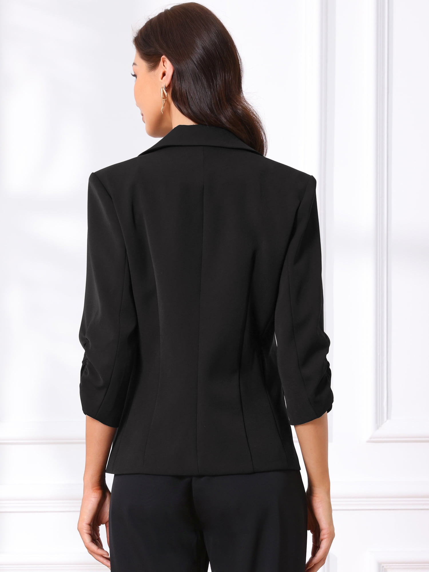 DARING DIVA Women's Blazers Business 3/4 Ruched Sleeve Notched Lapel Suit Jackets S Black