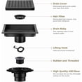 thumbnail image 5 of ELLO&ALLO 6 Inch Square Shower Floor Drain with Flange, Removable Quadrato Pattern Grate, SUS 304 Stainless Steel, Matte Black, 5 of 7