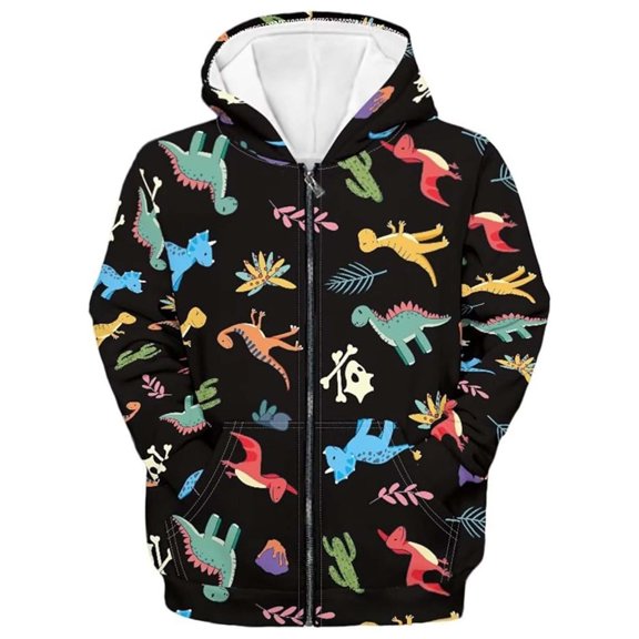 SJLDQY Hoodies for Boys Dinosaur Print Long Sleeve Zip Up Hoodie Fall Winter Casual Fleece Hooded Sweatshirts with Pocket