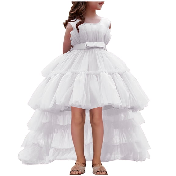 SELONE Flower Girl Dresses for Wedding Sleeveless Princess Dress Crew Neck Maxi Gown with Belt Sweep Train Fluffy Outfits