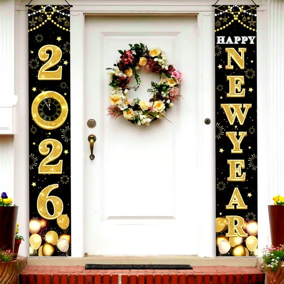 KatchOn XtraLarge 2026  Happy New Year Banner – 72x12 Inch | Black and Gold Happy New Year Door Banner | New Years Decorations 2026 for Front Door, Office, Party | New Years Eve Party Supplies 2026