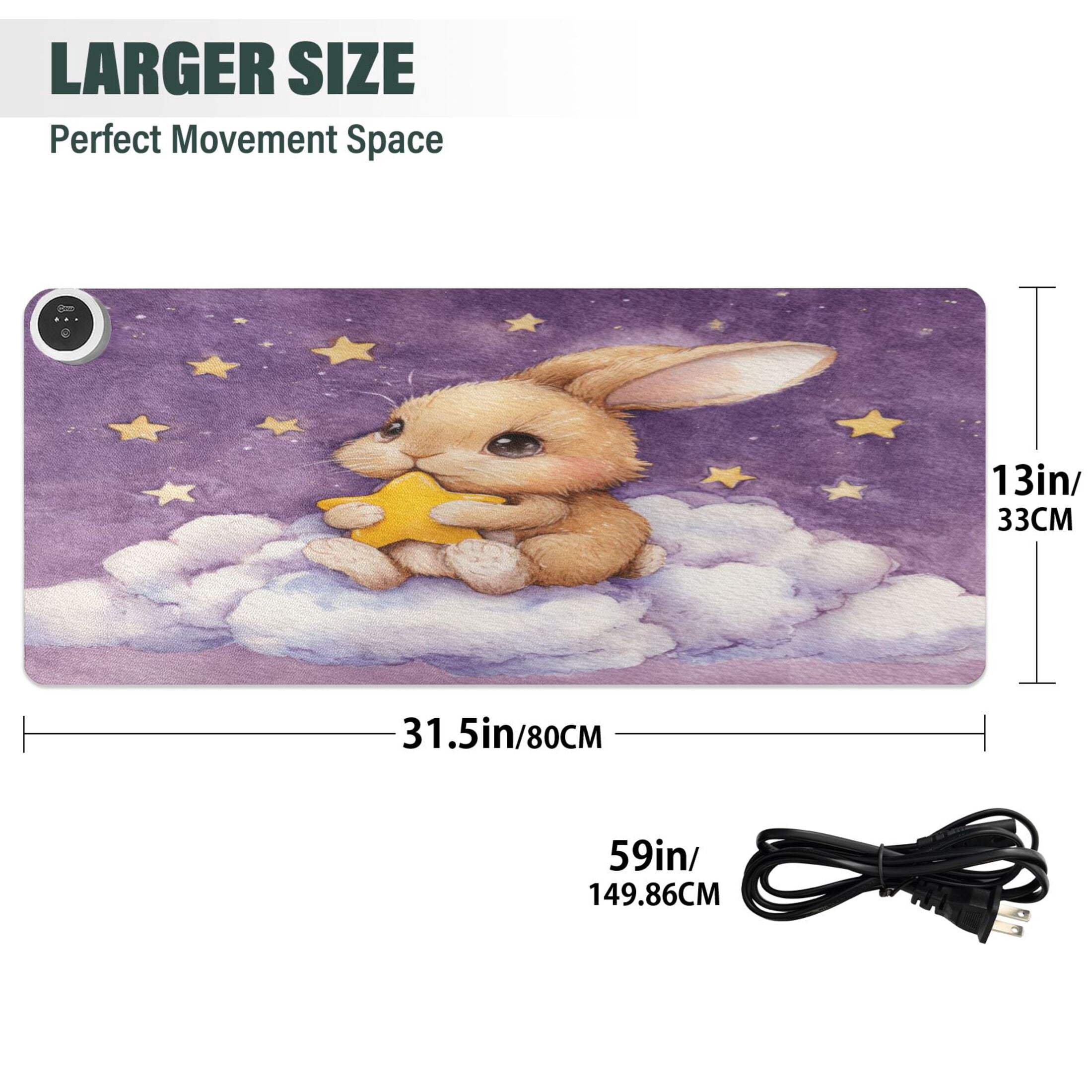 Large Heated Desk Mat Mouse Pad 31.5"x13"PU Leather Graphene Heating Desk Warmer with 3 Temperature Settings 110V US Plug Non-Slip Warm Pad for Home, Office, and Gaming Golden Rabbit with Star