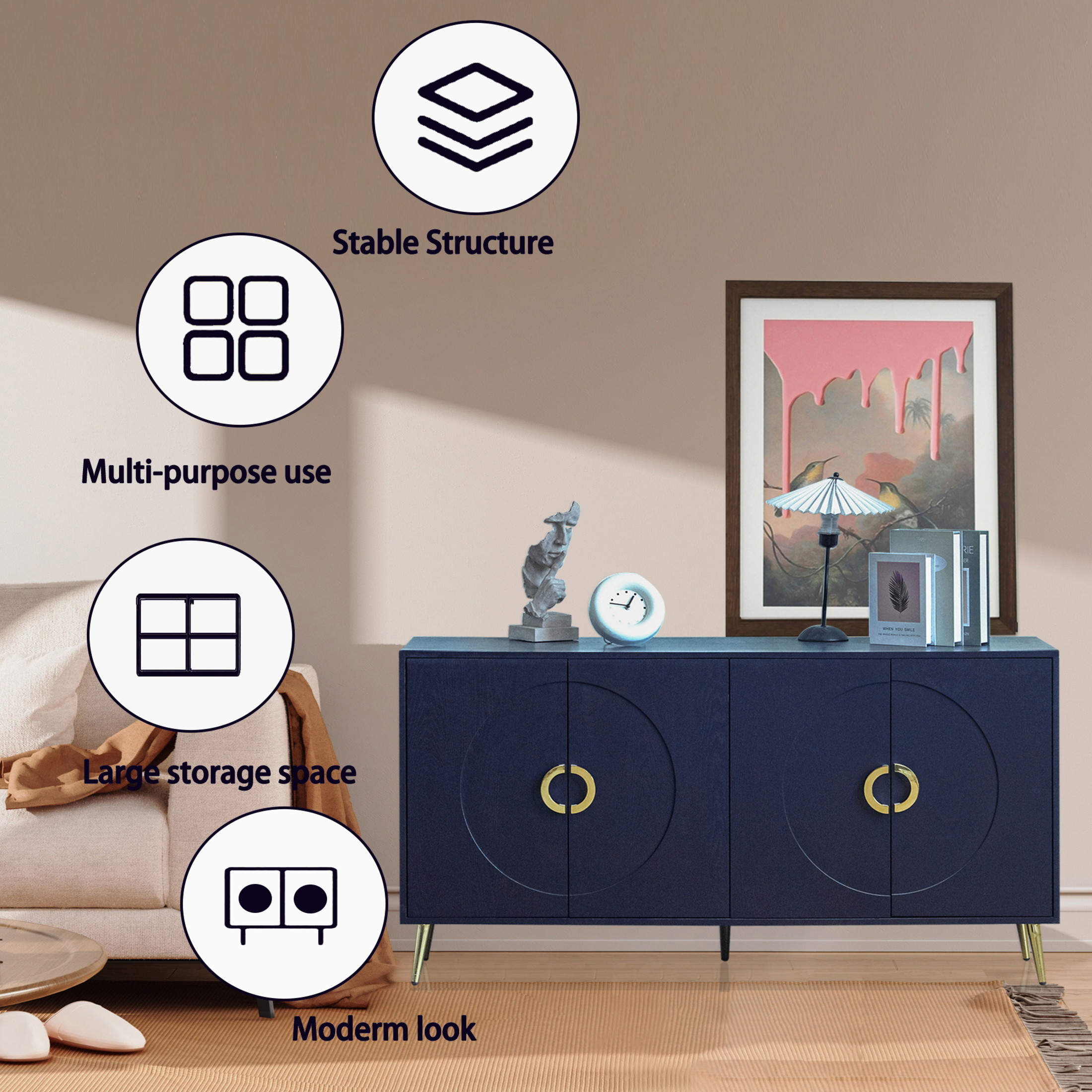 Noble House 59.8" Modern Lacquered Sideboard, Buffet Storage Cabinet with Adjustable Shelves, Navy Blue