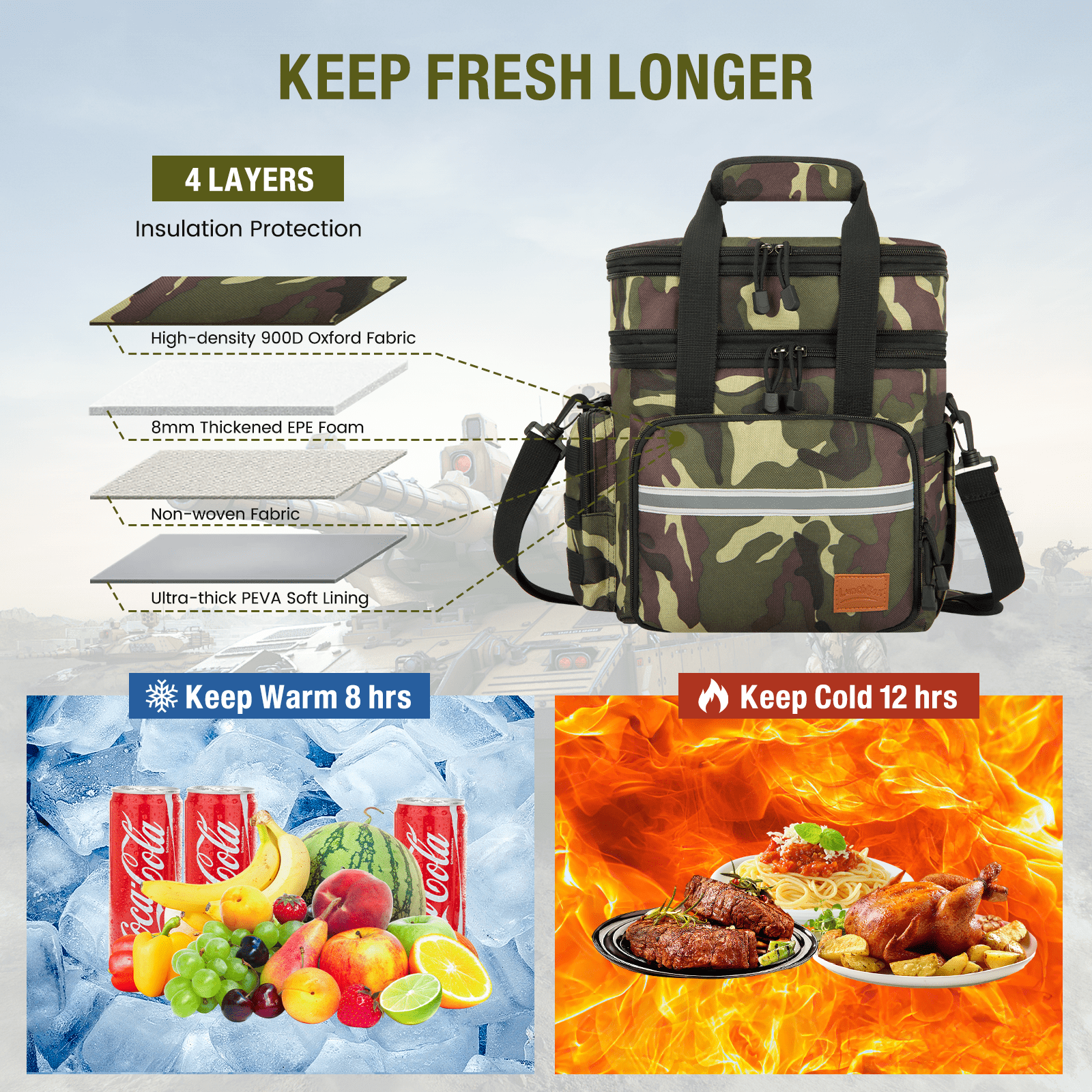 Expandable Insulated Lunch Bag w/ Leakproof Design - 24 Can Capacity, Double Deck Cooler Box with Adjustable Shoulder Strap/Side Pockets for Men & Women - Durable for Work/Travel/Outdoor, Camo Green