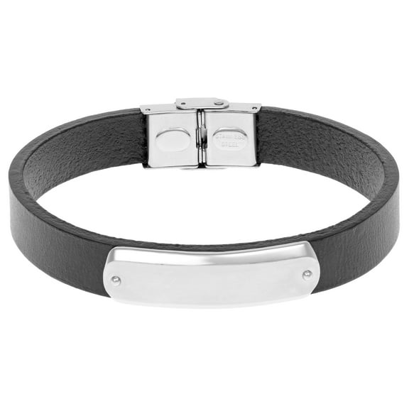 Metro Jewelry Men's Genuine Black Leather and Stainless Steel Identification Bracelet 12 MM with Magnetic Clasp