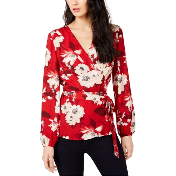 I.N.C Womens Balloon Sleeve Wrap Blouse, Red, X-Large