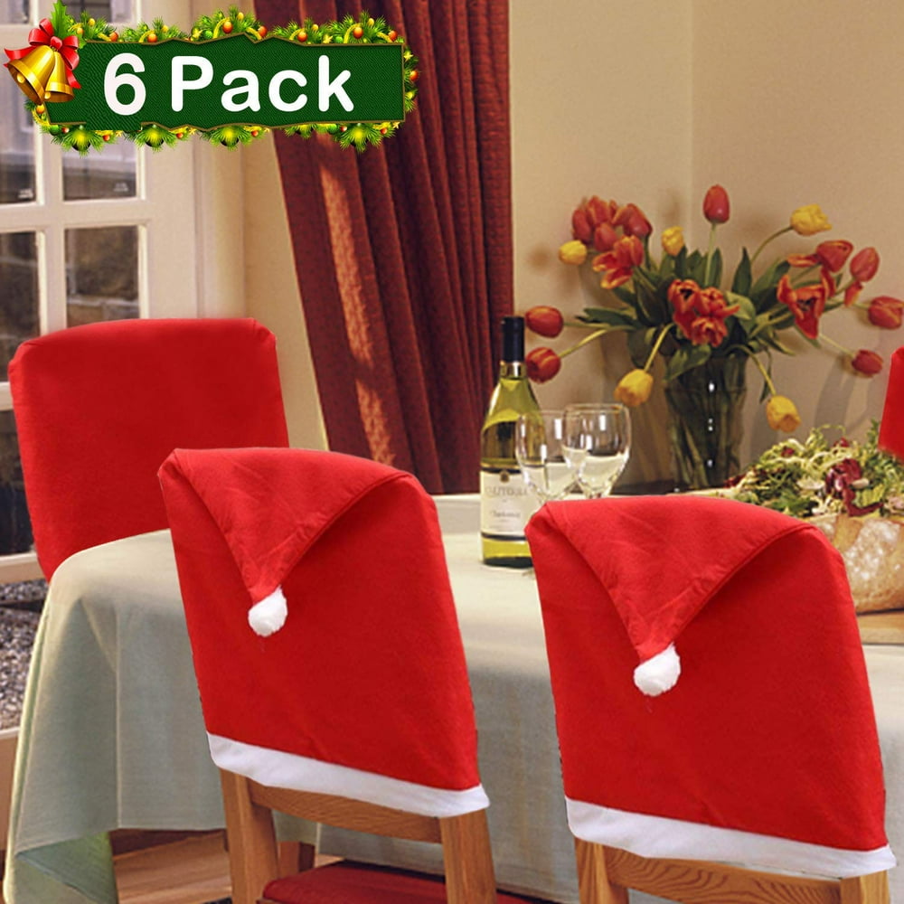Christmas Chair Back Cover Set of 6, Santa Clause Red Hat Slipcovers