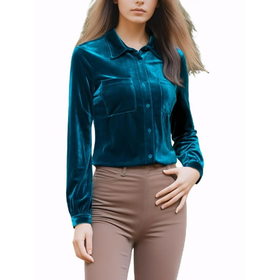 INSPIRE CHIC Women's Office Pocket Front Long Sleeve Button Down Velvet Shirt XS Royal Blue