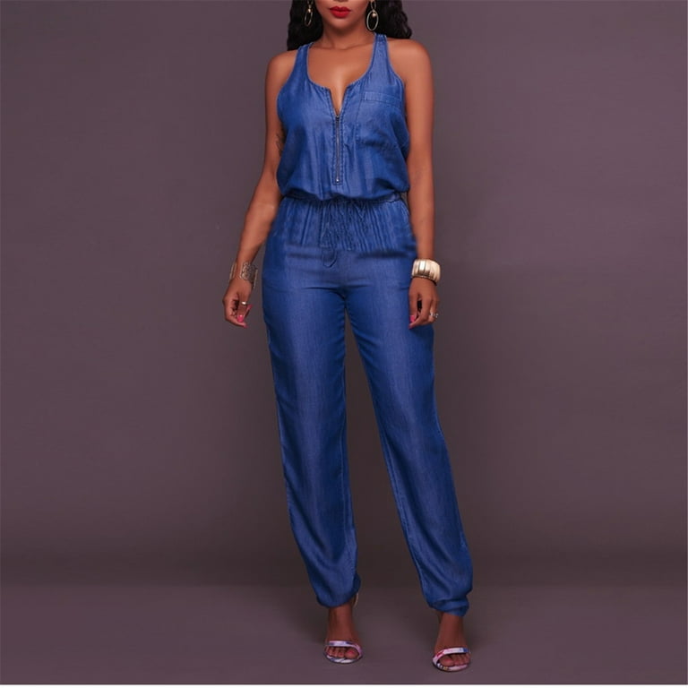 V Neck Sleeveless Denim Jumpsuits