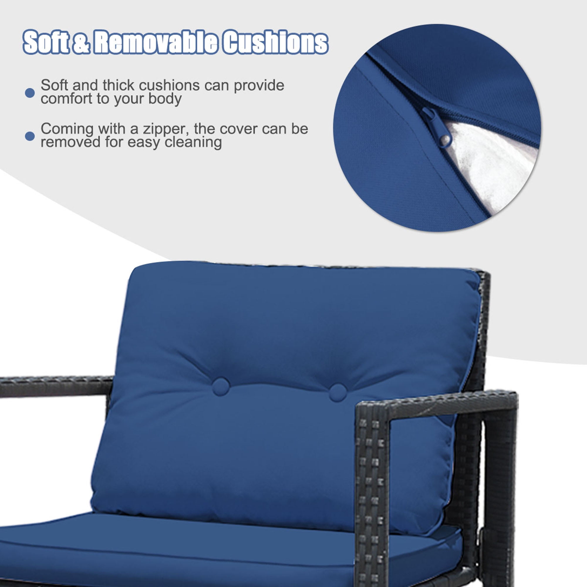 Gymax 3PCS Rattan Rocking Chair Table Set Patio Furniture Set w/ Navy Cushions