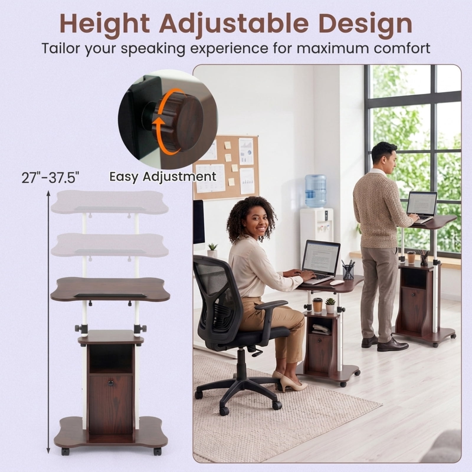 Furnibear Adjustable Mobile Standing Desk Cart with Tilting Desktop Cabinet and Locking Casters for Home Office and School, Brown