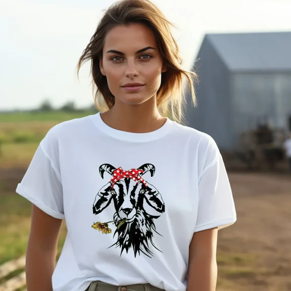 Funny Goat with Red Bandana Graphic T-Shirt for Women Retro Farm Animal Sunflower Design Casual White Cotton Short Sleeve Tee