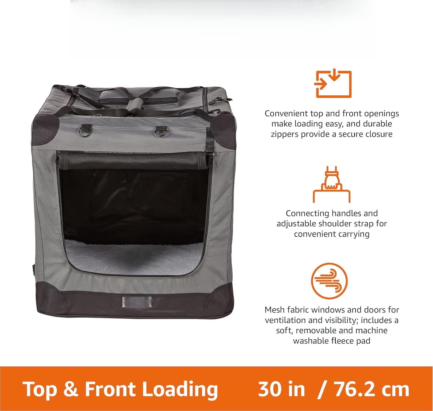 30 Inch Folding Soft Dog Crate Carrier – Portable Travel Kennel with Fleece Pad, Collapsible & Lightweight, Comfortable and Secure Pet Travel, Gray
