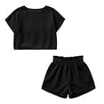 thumbnail image 5 of Costeam Womens Round Neck Short Sleeve 2 Piece Crinkled Textured Matching Outfit Set Elastic Waist Pull On Shorts with Side Pockets Solid Color Loose Fit Casual Loungewear Suit, 5 of 5