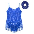 thumbnail image 2 of TiaoBug Kids Girls Sequins Jazz Latin Tassel Dance Dress Sleeveless Ballet Mesh Fringed Leotard with Hair Tie Royal Blue 8, 2 of 7