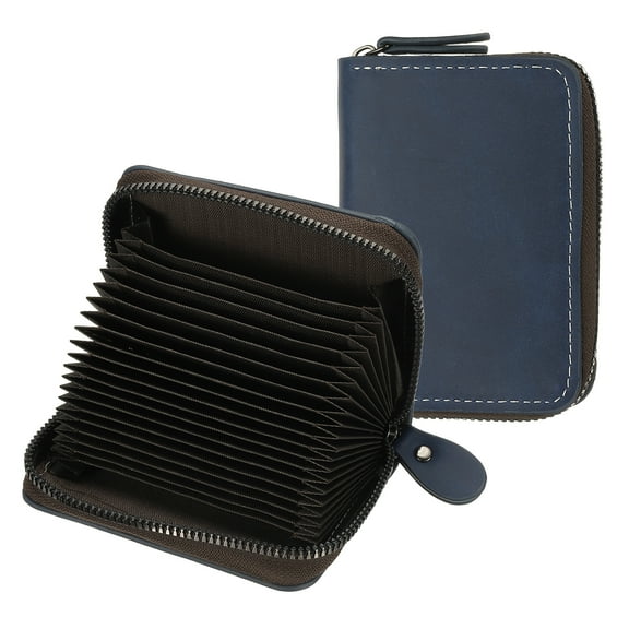 Uxcell  Accordion Credit Card Holder Zipper Wallet, Leather Card Case Organizer with 18 Card Slots for Women Men Storage, Blue (2 coin slots)