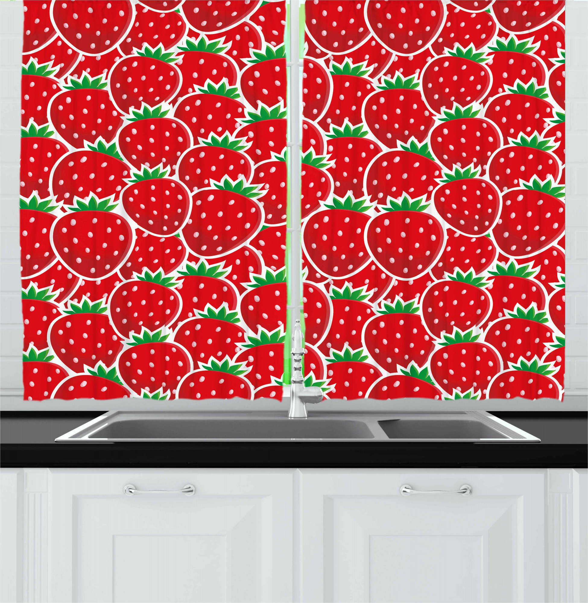Fruits Kitchen Curtains, Strawberry Themed Botany Yummy Food Organic