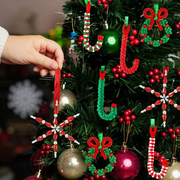 Christmas Crafts for Adults,30 Sets Christmas Beaded Ornament Kit to Make-Incl. 6 PC Snowflake/12 PC Wreath/12 PC Candy Cane(Assembly Needed)