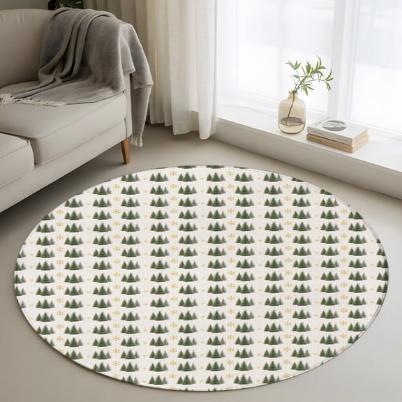Small Christmas Trees 3ft Area Rug, Farmhouse Beige Snowflake Xmas Washable Non-Slip Small Round Rugs for Entryway Bedroom Kitchen, Soft Circle Carpet for Dining Room, Playroom Nursery Rug