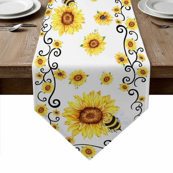 Sunflower Bees Table Runner Linen Burlap Table Runner 60 Inches Long Spring Summer Farmhouse Floral Watercolor Dresser Scarves for Kitchen Island Coffee Dining Room Party Holiday Decor 13"x60"