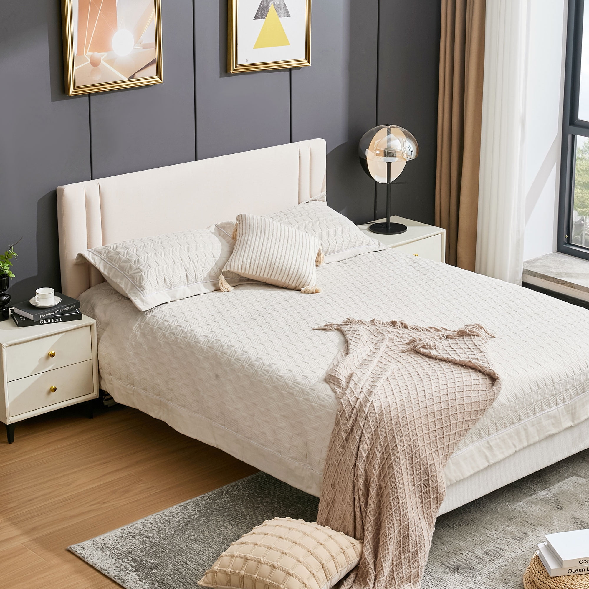 JONPONY Upholstered Twin Headboard,Solid Wood Head Board with Linen Fabric,Adjustable Height Headboard from 37" to 51",Bed Frame Adapters,Headboard Only,Beige