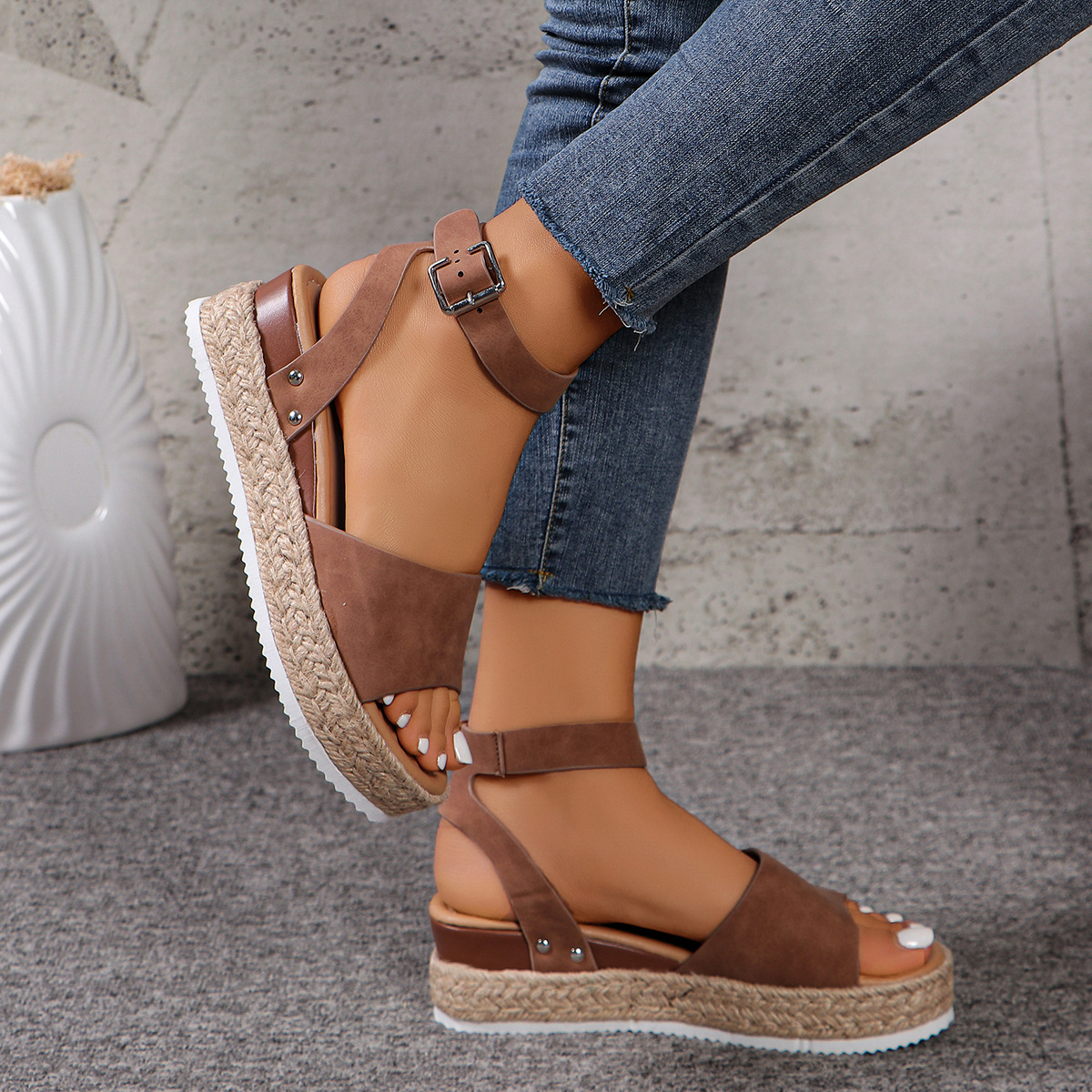 BERANMEY Open Toe Buckle Ankle Strap Espadrilles with Flatform Wedge Sandals For Women - Casual Platform Sandals Women Comfortable - Espadrilles Beach Sandals For Woman