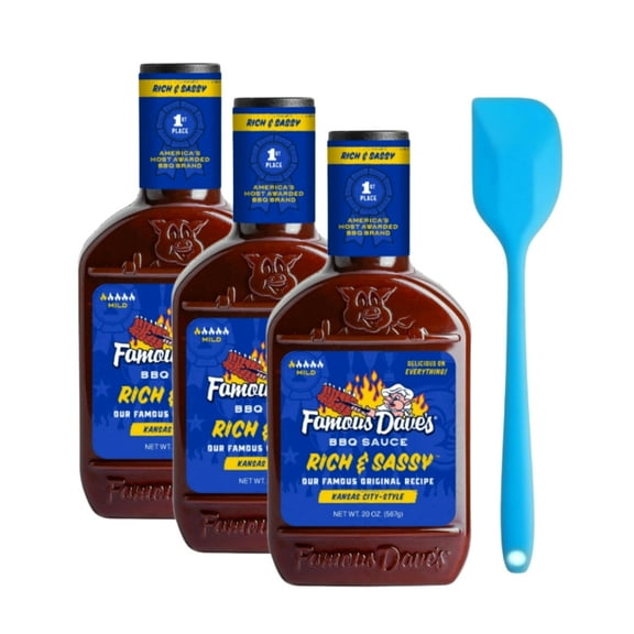 Famous Dave's Rich & Sassy BBQ Sauce, 20 oz (3 pack) and 8in Silicone Spatula (Color Varies)