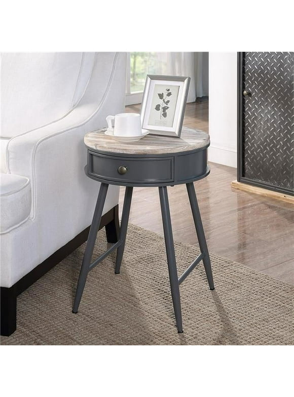 4D Concepts 212165 Round Accent Table with Wood Fir Top & Drawer, Natural Weathered & Gray