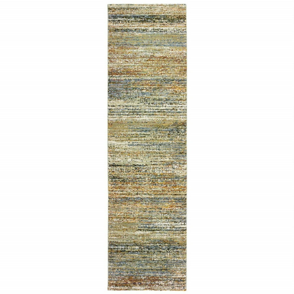 12' Distressed Gold and Green Abstract Indoor Runner Rug