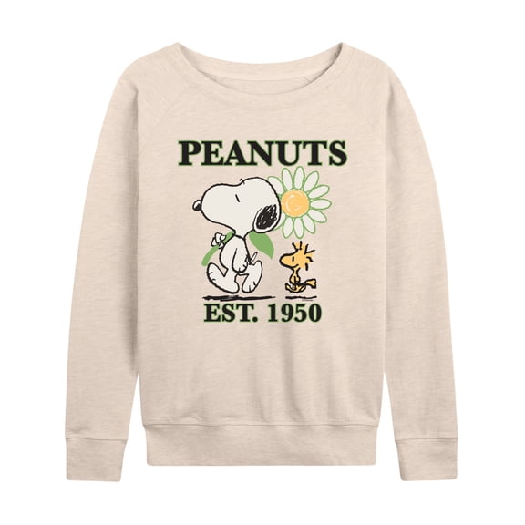 Peanuts - Snoopy Flower Lightweight French Terry Wide Neck Long Sleeve Graphic Shirt