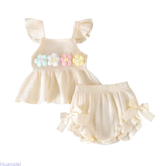 Huanglei Summer Baby Girls Outfit With Puff Sleeve Floral Top And Bow Tailored Shorts For Cute Everyday Wear Solid Color Outfits Set ,6-12 Months ,Beige