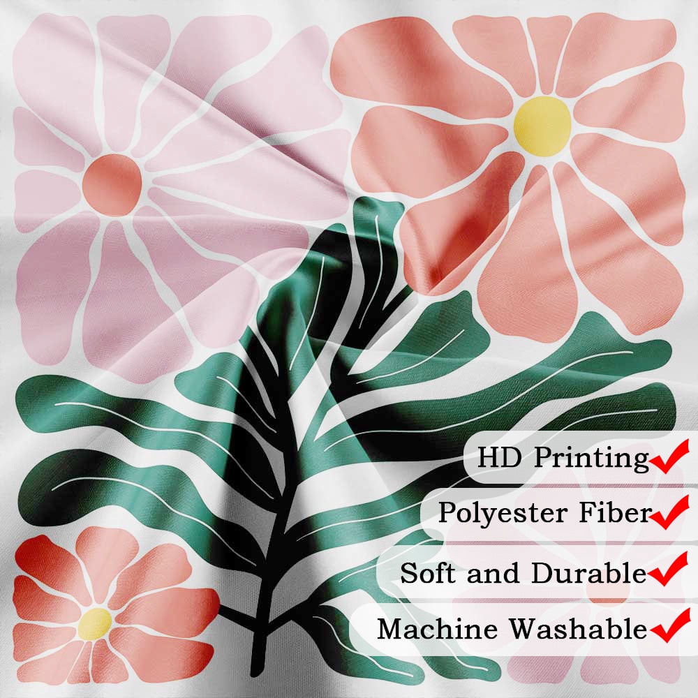 Retro Boho Floral Abstract Shower Curtain, 60s 70s Mid Century Vintage Cute Pink Flower Botanical Shower Curtain for Bathroom, Modern Minimal Style Fabric Bath Curtain Set Decor with Hooks 69X70IN