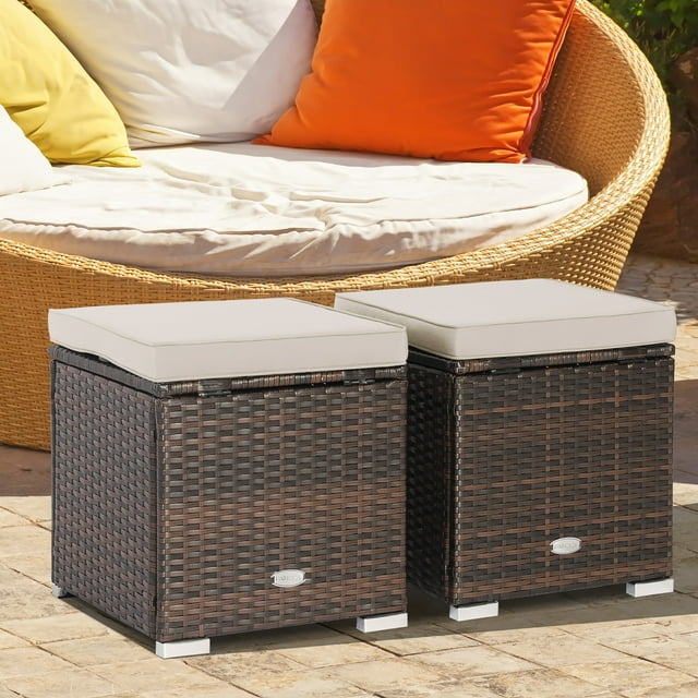 Costway 2PCS Patio Rattan Ottomans Seat Side Table Storage Box Footstool W/Cushion Beige