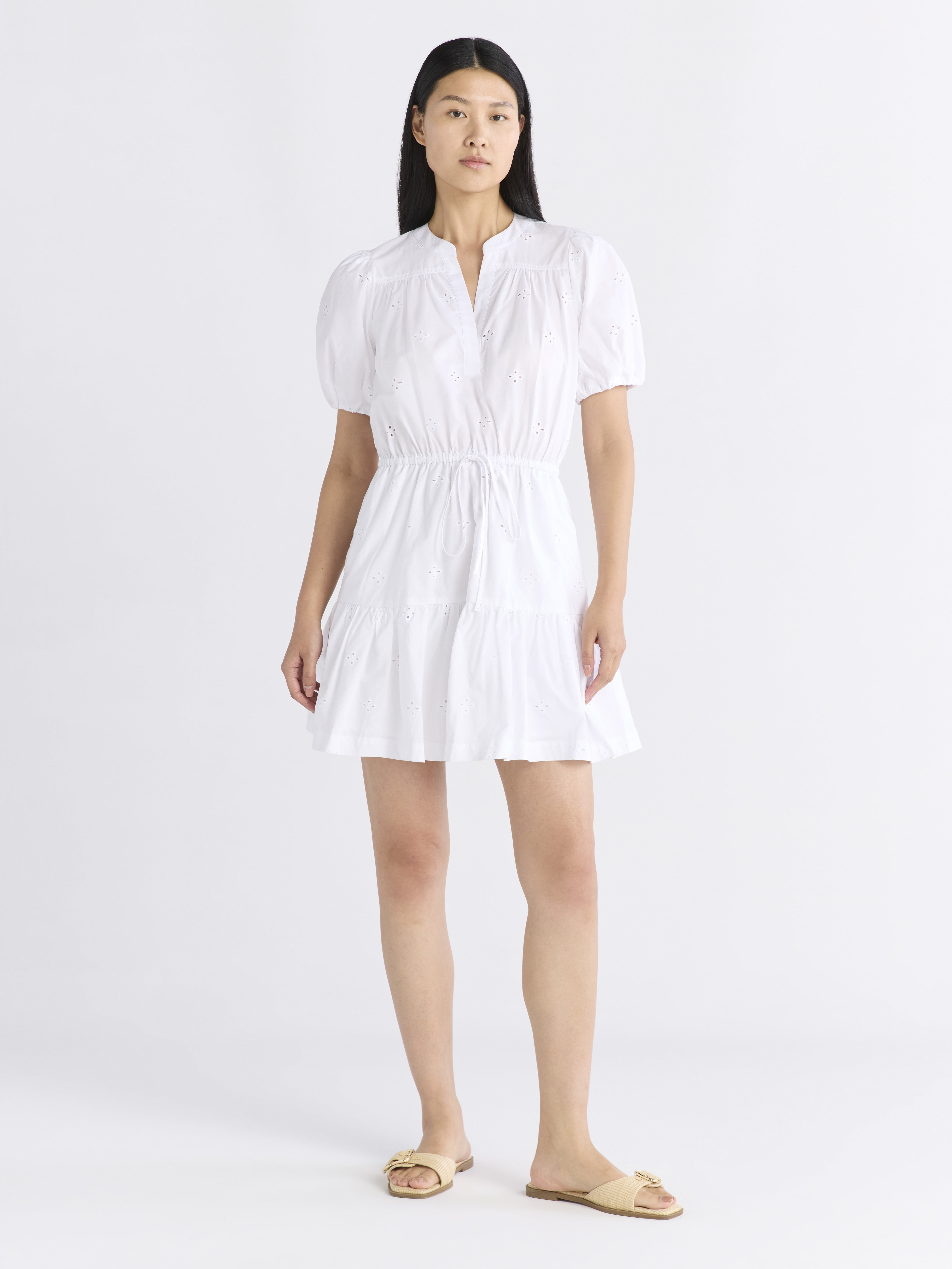 Free Assembly Women's and Women's Plus Cotton Eyelet Tiered Mini Dress with Puff Sleeves, Sizes XS-4X