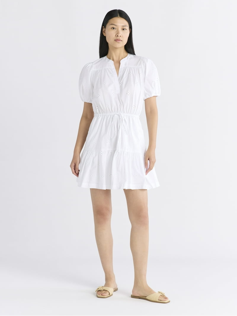 Free Assembly Women's and Women's Plus Cotton Eyelet Tiered Mini Dress with  Puff Sleeves, Sizes XS-4X - Walmart.com